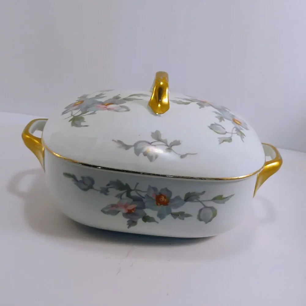 Vintage Japan Covered Vegetable Dish – Floral Pastel & Gold Trim – 8